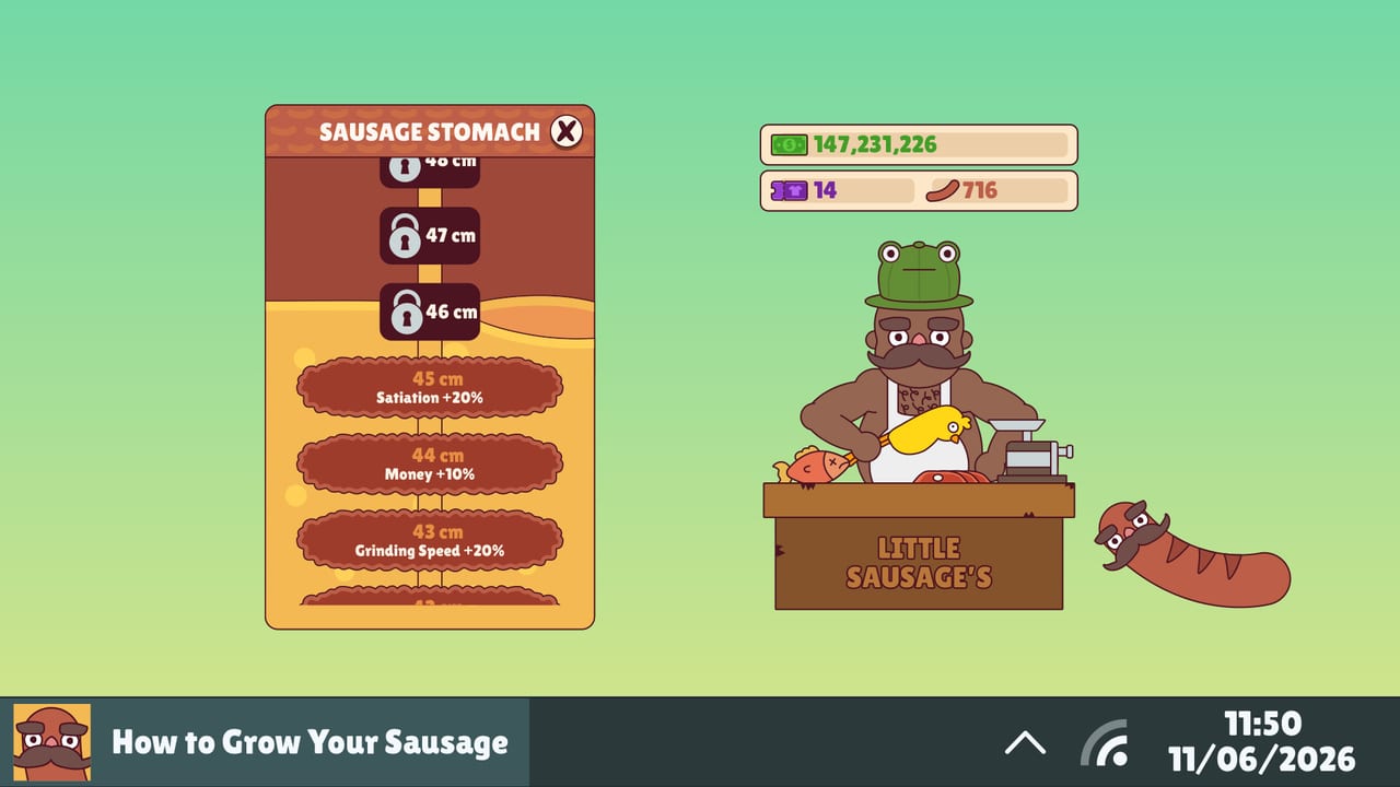 How to Grow Your Sausage desktop companion UI showing sausage growth and shop panels